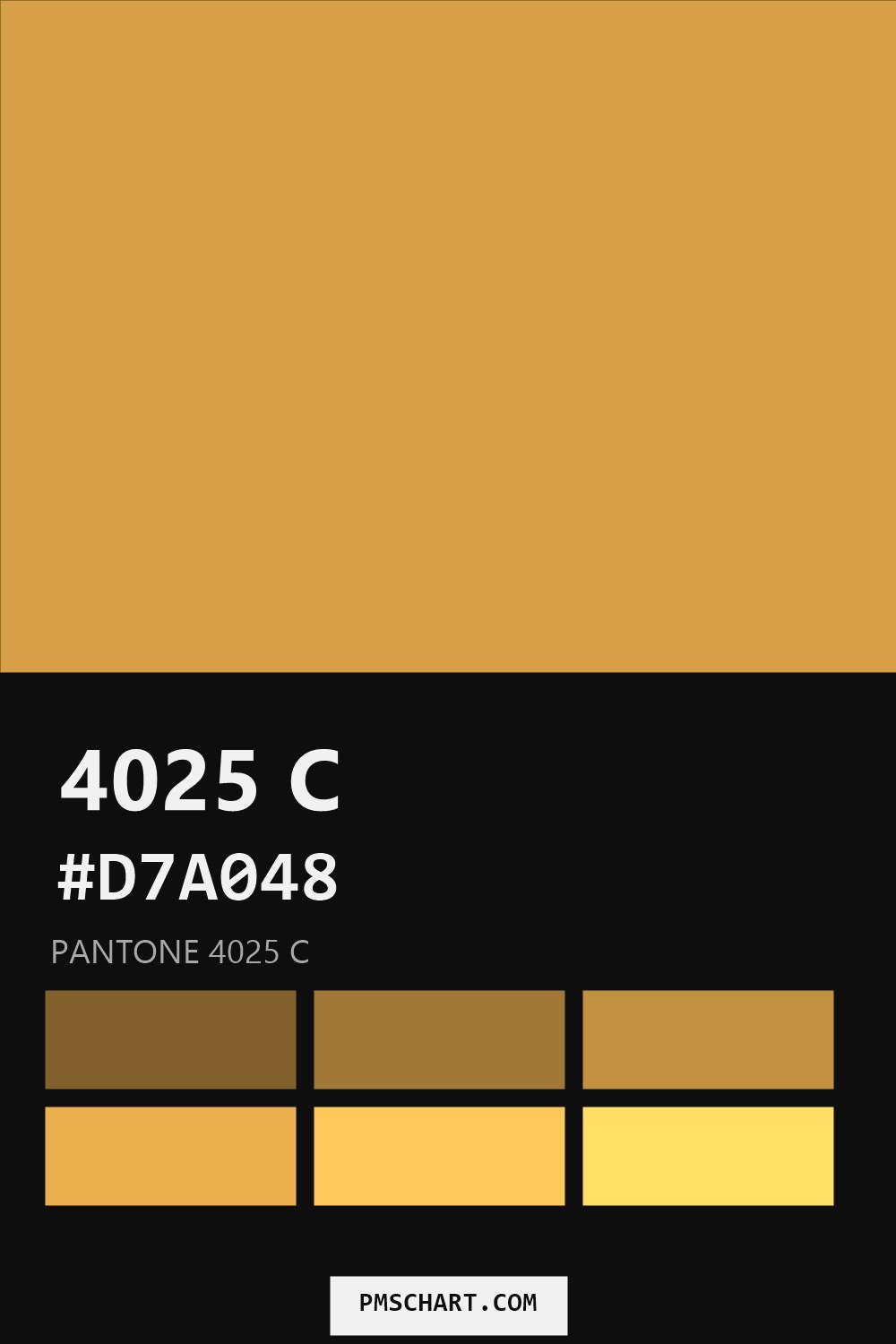 Pantone 4025 C color reference card (HEX #D7A048) with six nearest Pantone matches