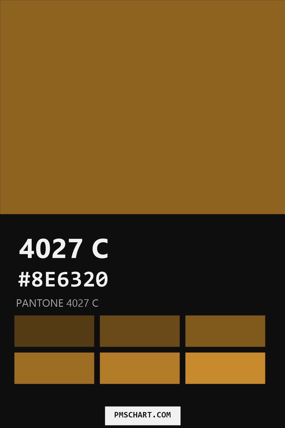 Pantone 4027 C color reference card (HEX #8E6320) with six nearest Pantone matches