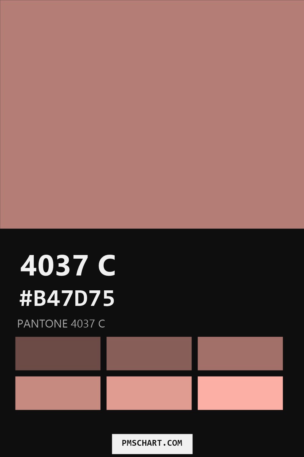 Pantone 4037 C color reference card (HEX #B47D75) with six nearest Pantone matches