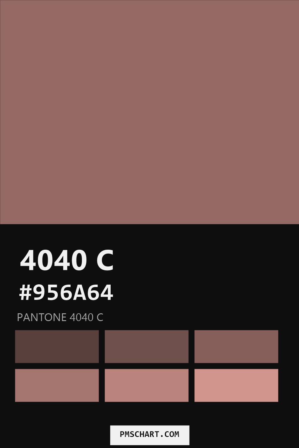 Pantone 4040 C color reference card (HEX #956A64) with six nearest Pantone matches