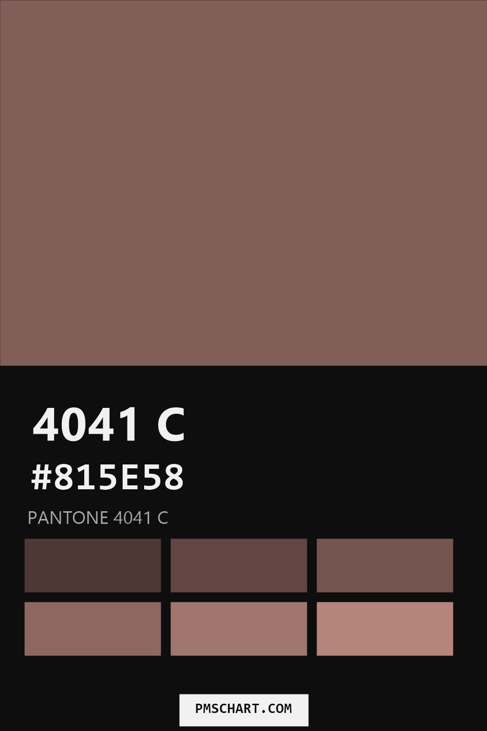 Pantone 4041 C color reference card (HEX #815E58) with six nearest Pantone matches