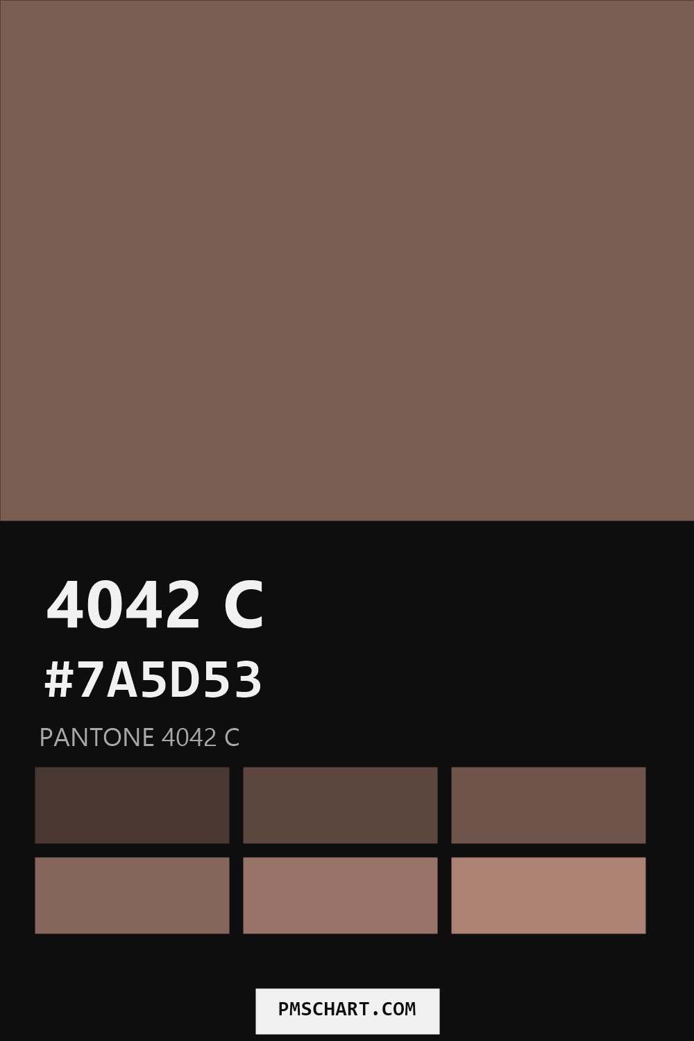 Pantone 4042 C color reference card (HEX #7A5D53) with six nearest Pantone matches