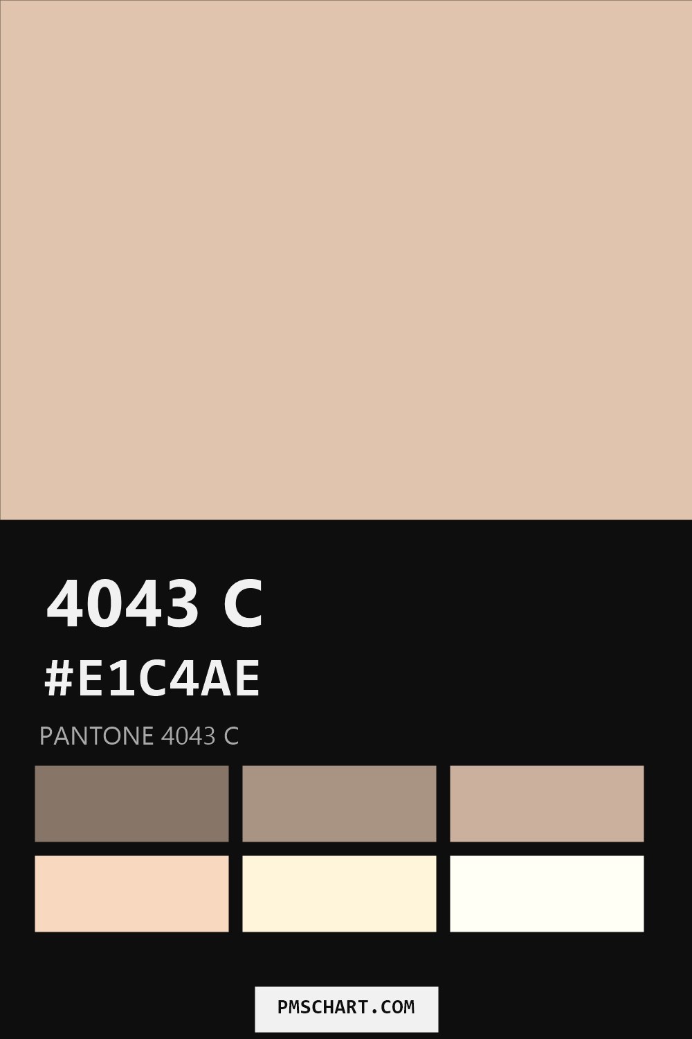 Pantone 4043 C color reference card (HEX #E1C4AE) with six nearest Pantone matches