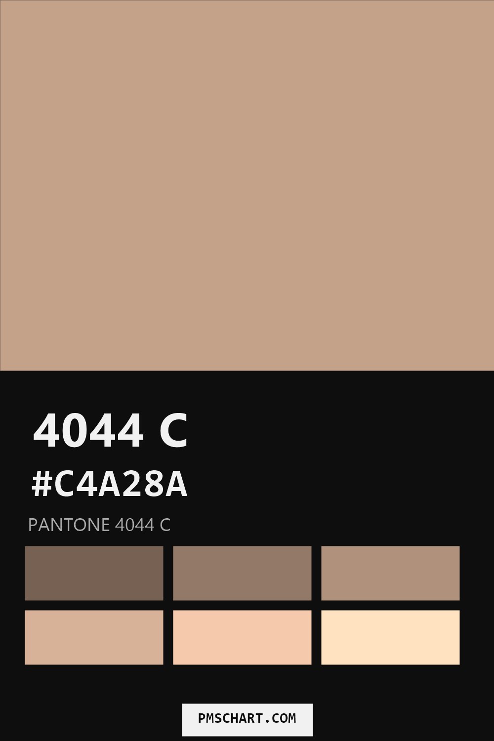 Pantone 4044 C color reference card (HEX #C4A28A) with six nearest Pantone matches