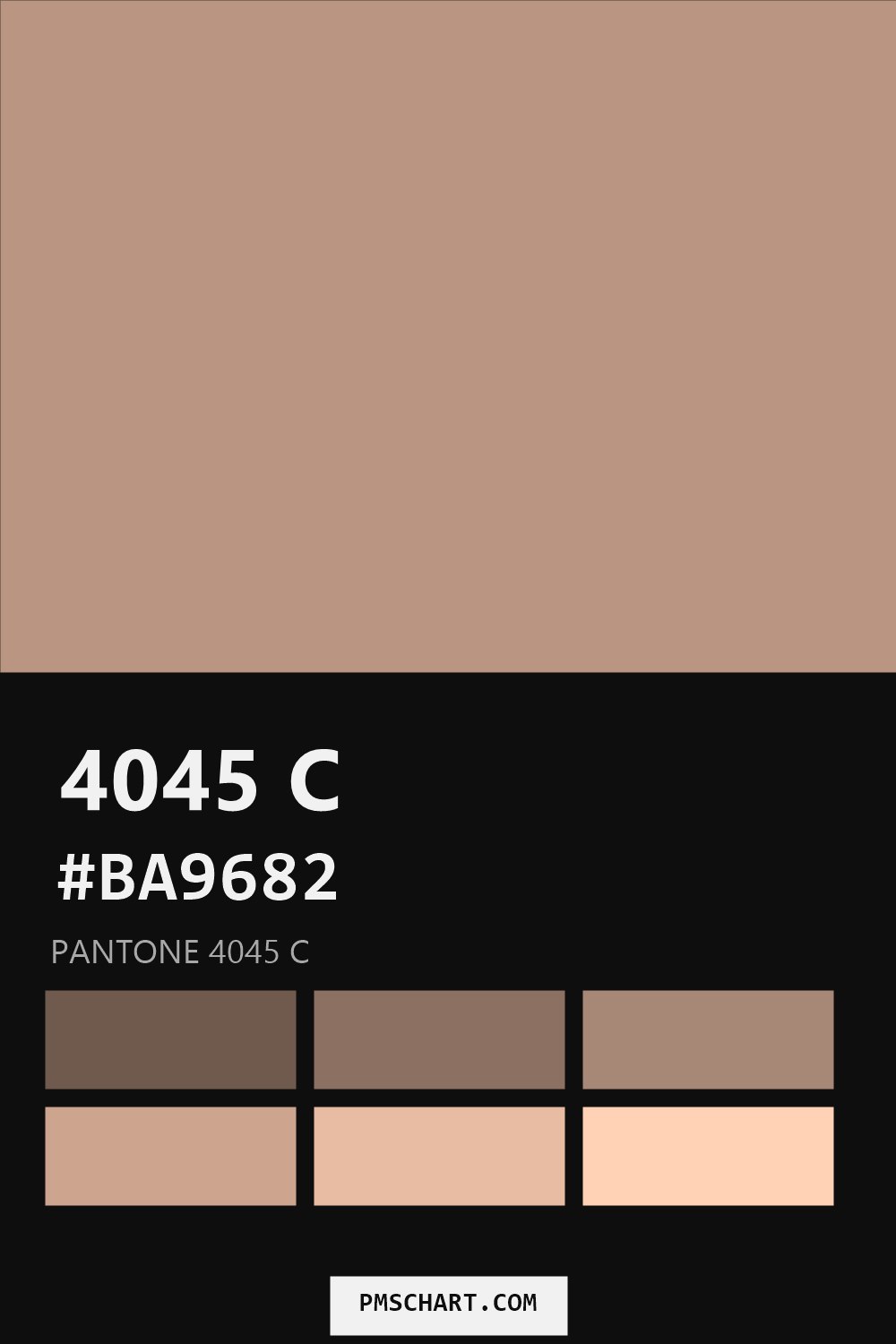 Pantone 4045 C color reference card (HEX #BA9682) with six nearest Pantone matches