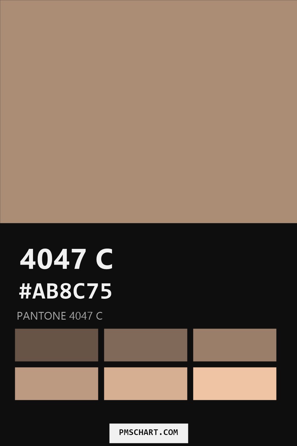 Pantone 4047 C color reference card (HEX #AB8C75) with six nearest Pantone matches