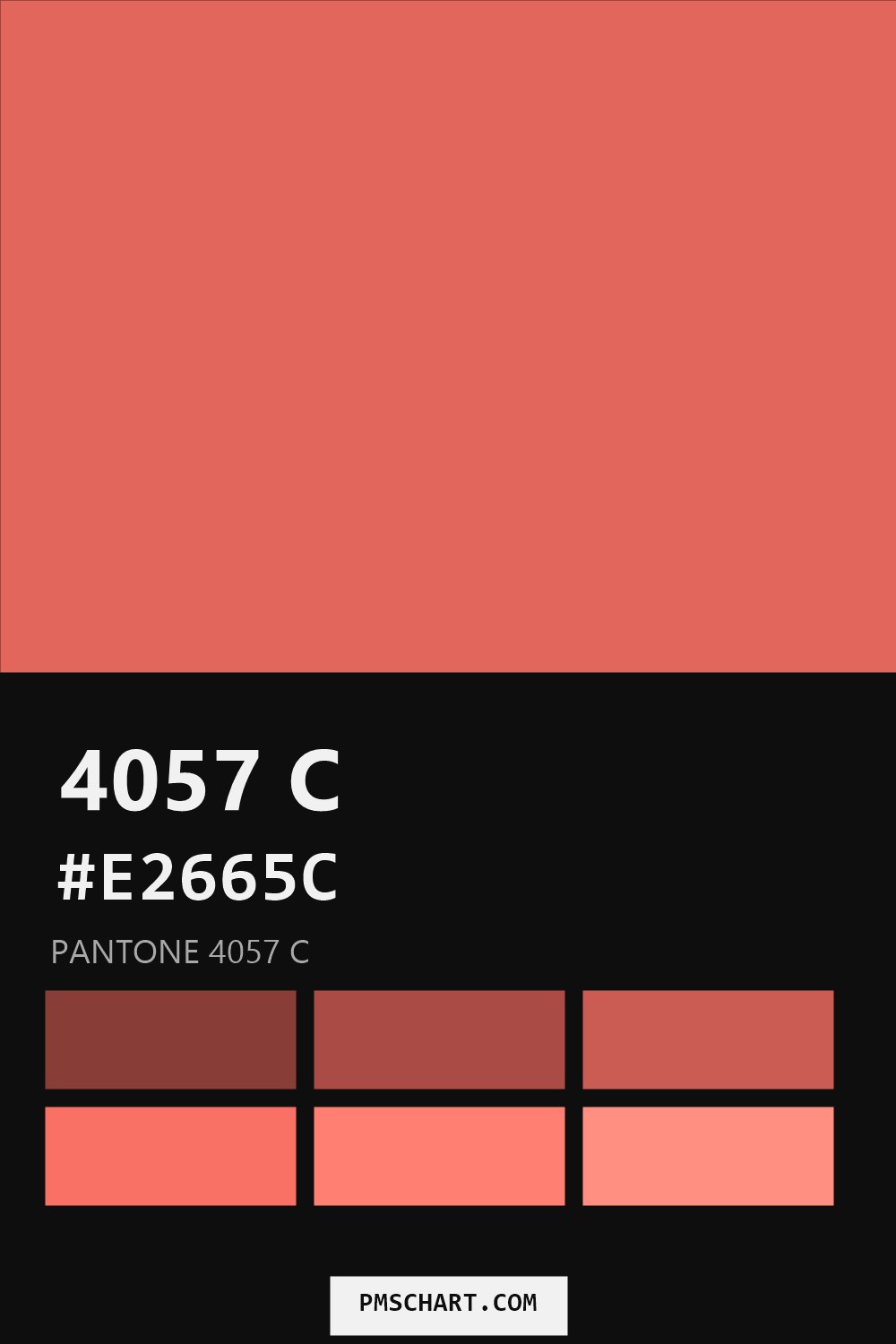 Pantone 4057 C color reference card (HEX #E2665C) with six nearest Pantone matches