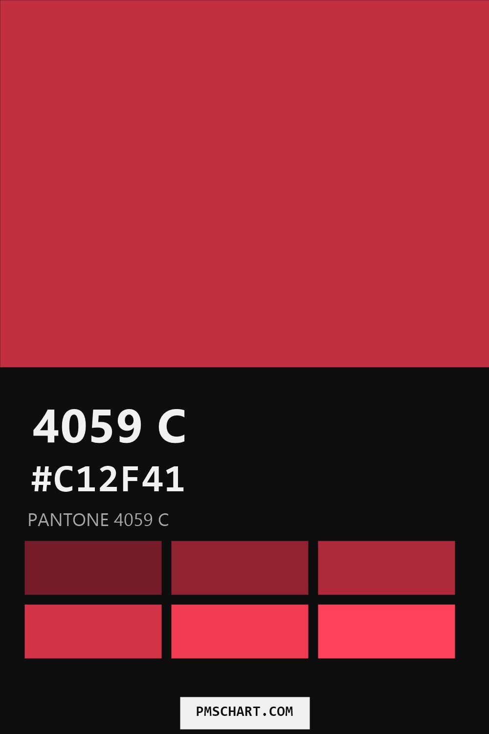 Pantone 4059 C color reference card (HEX #C12F41) with six nearest Pantone matches