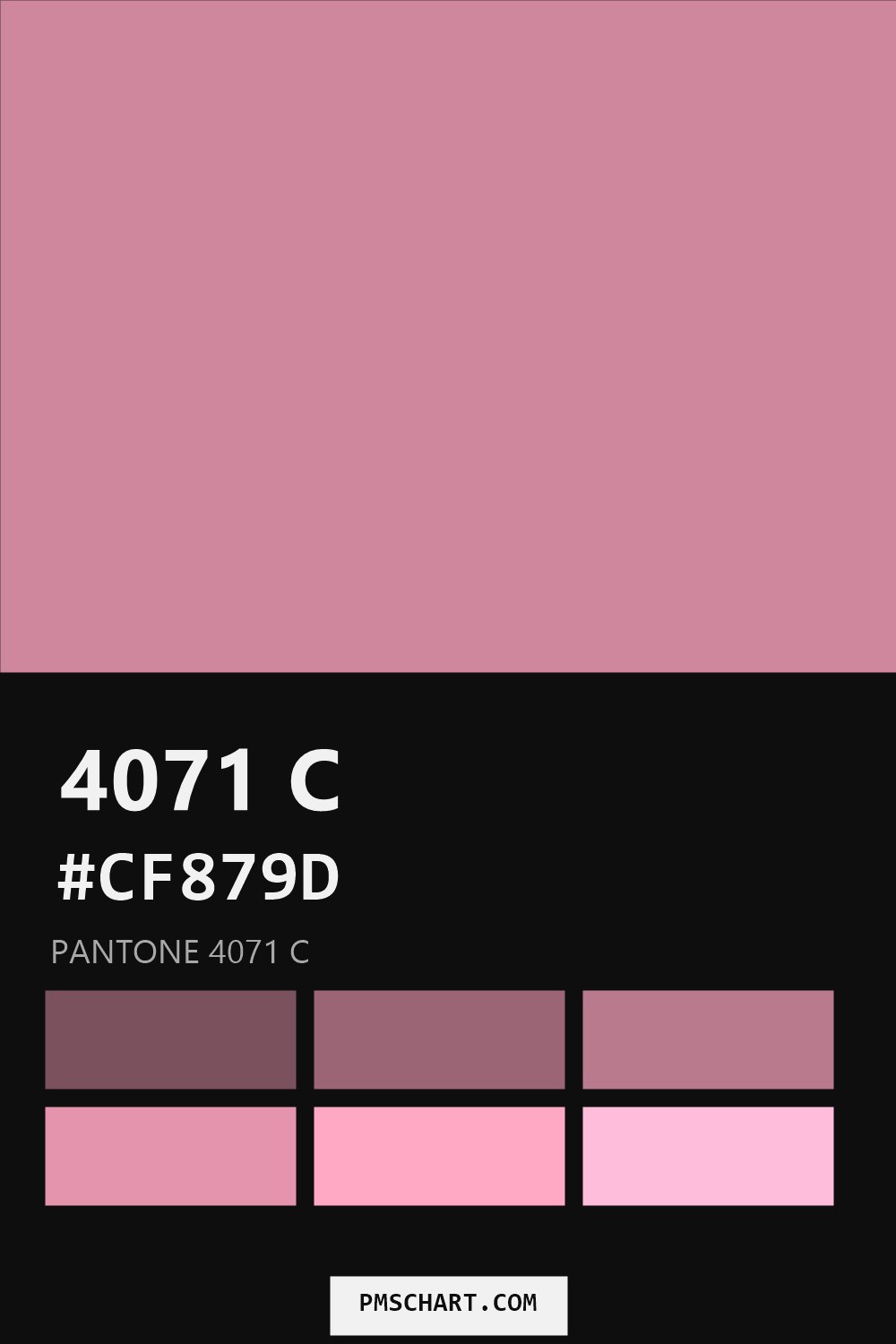 Pantone 4071 C color reference card (HEX #CF879D) with six nearest Pantone matches