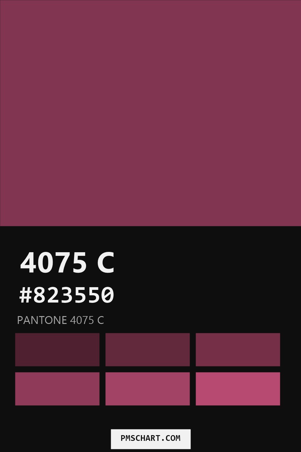 Pantone 4075 C color reference card (HEX #823550) with six nearest Pantone matches