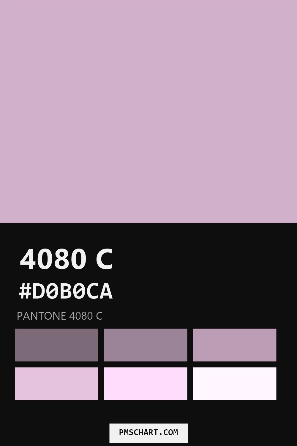 Pantone 4080 C color reference card (HEX #D0B0CA) with six nearest Pantone matches