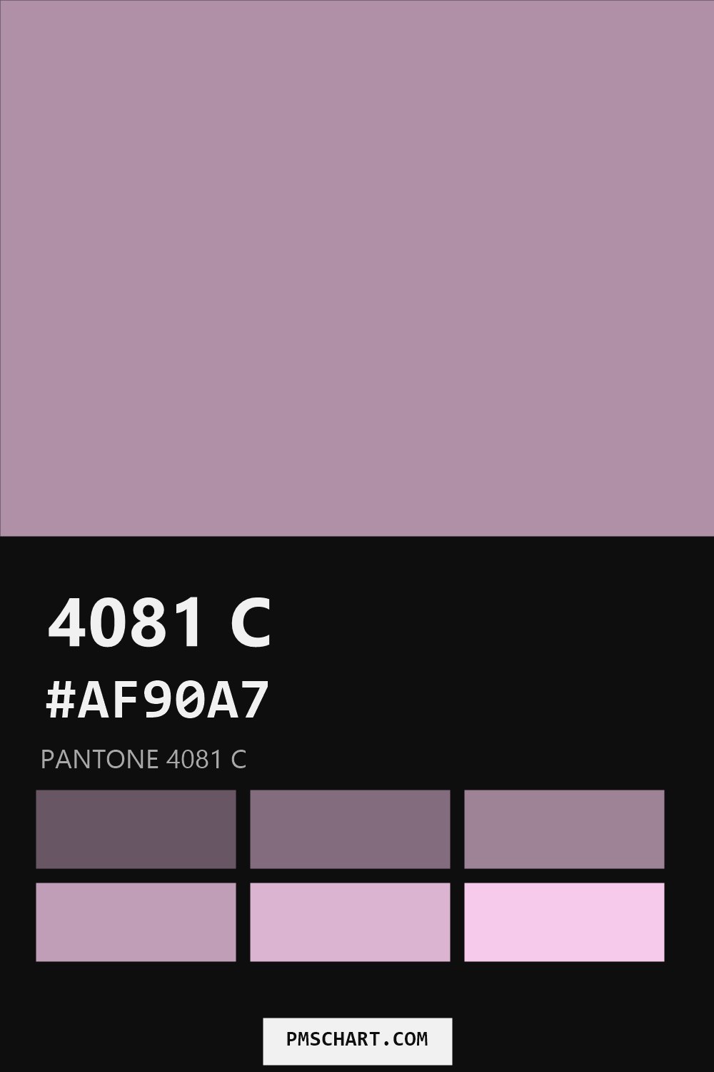 Pantone 4081 C color reference card (HEX #AF90A7) with six nearest Pantone matches