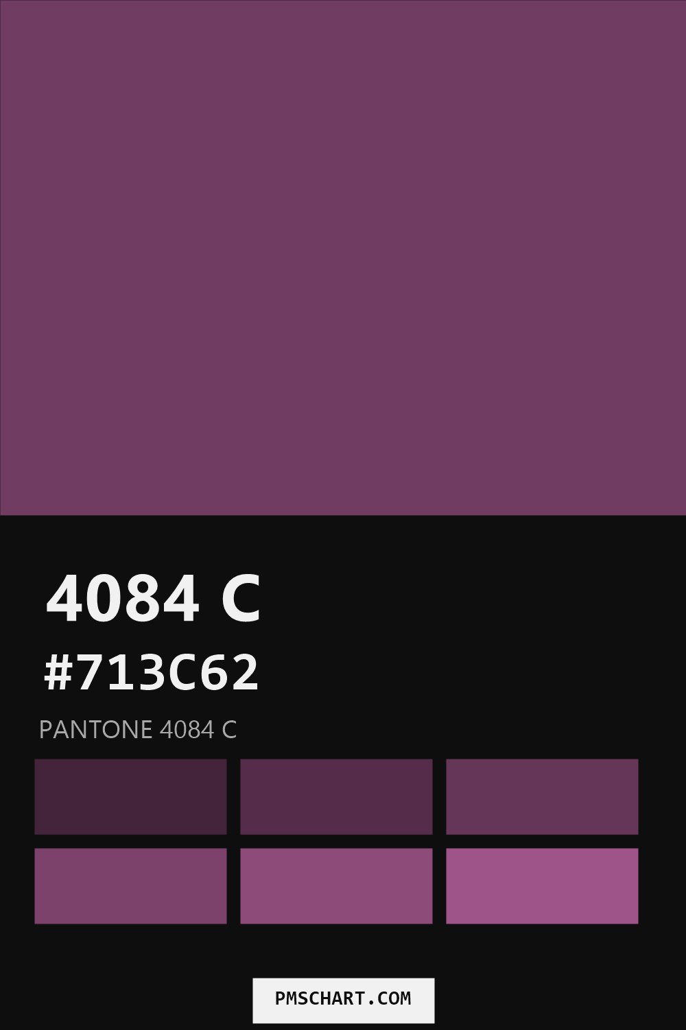 Pantone 4084 C color reference card (HEX #713C62) with six nearest Pantone matches