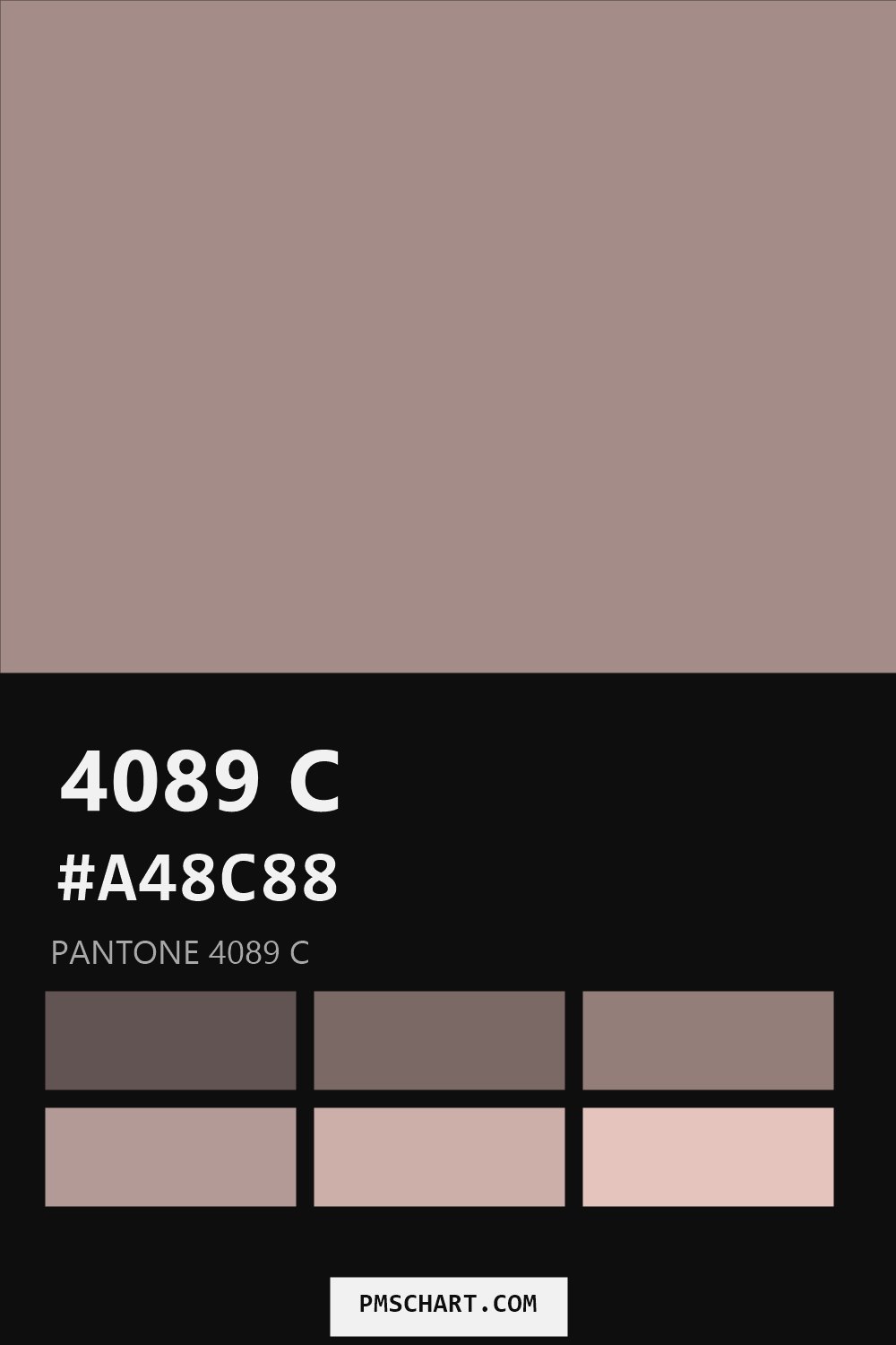 Pantone 4089 C color reference card (HEX #A48C88) with six nearest Pantone matches