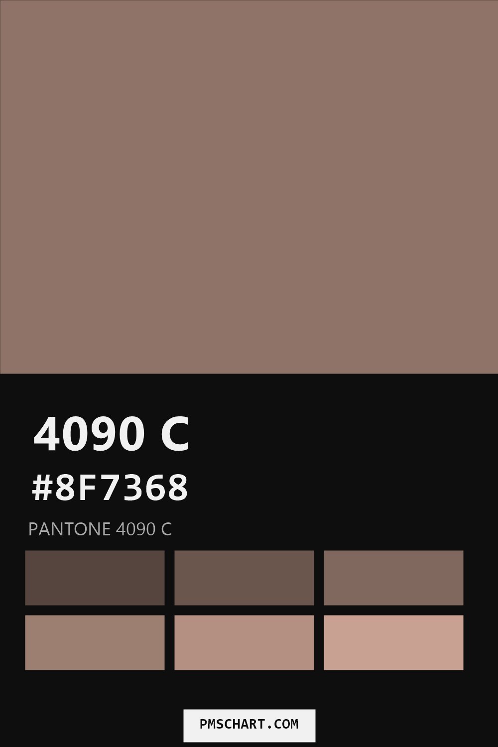 Pantone 4090 C color reference card (HEX #8F7368) with six nearest Pantone matches