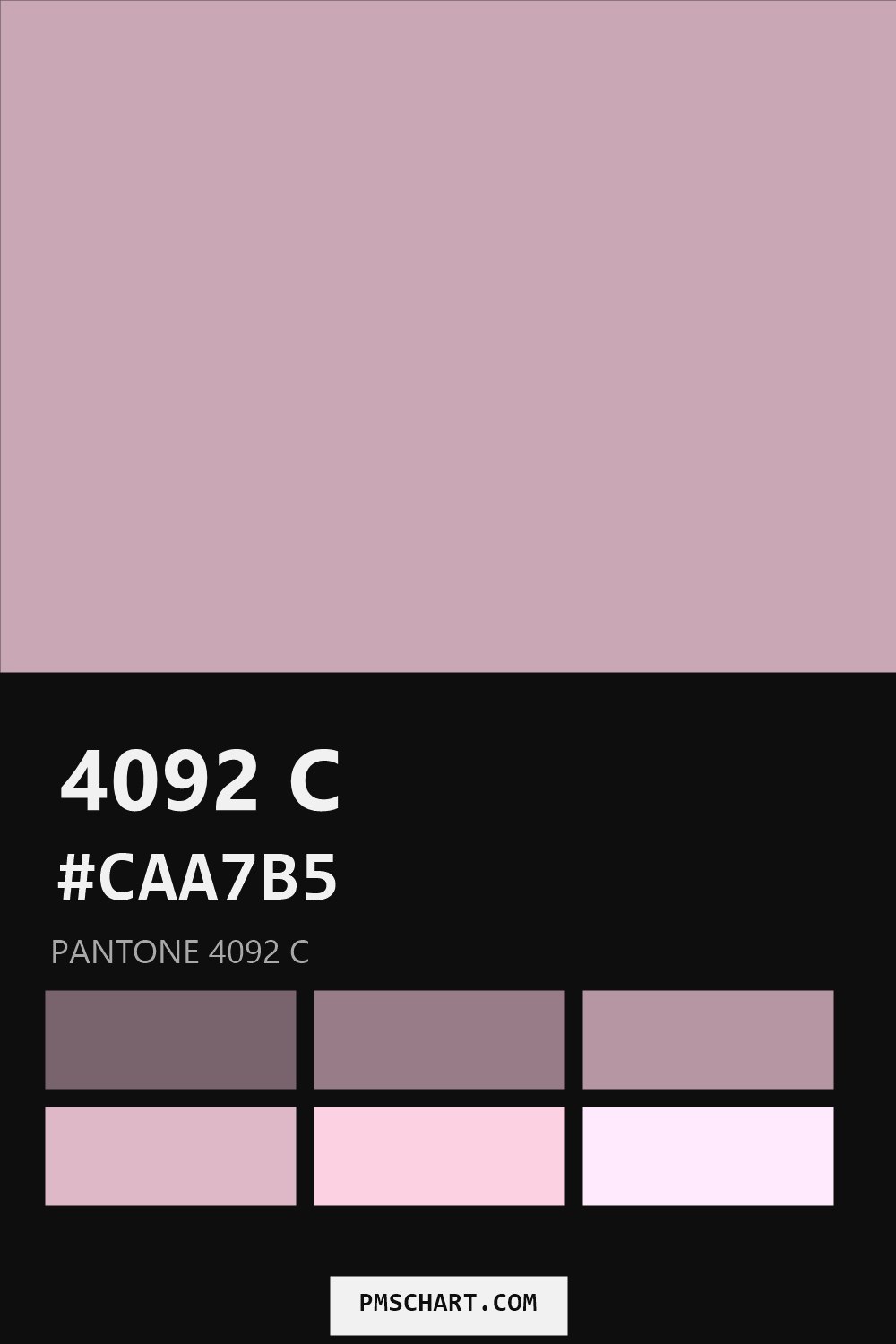 Pantone 4092 C color reference card (HEX #CAA7B5) with six nearest Pantone matches