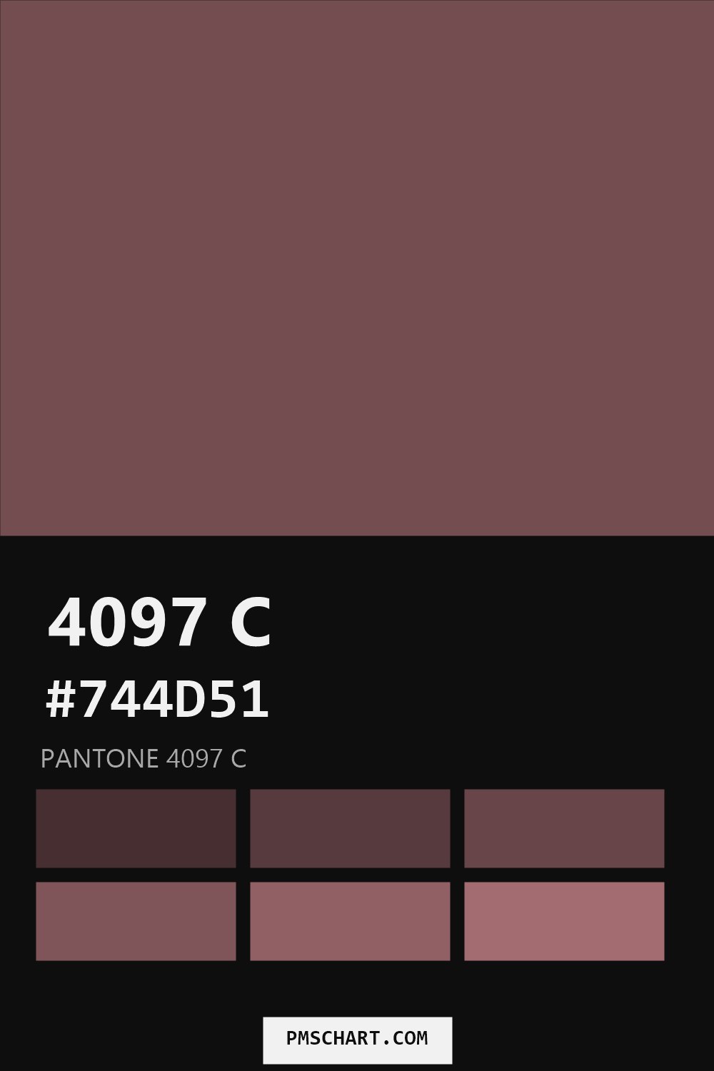 Pantone 4097 C color reference card (HEX #744D51) with six nearest Pantone matches