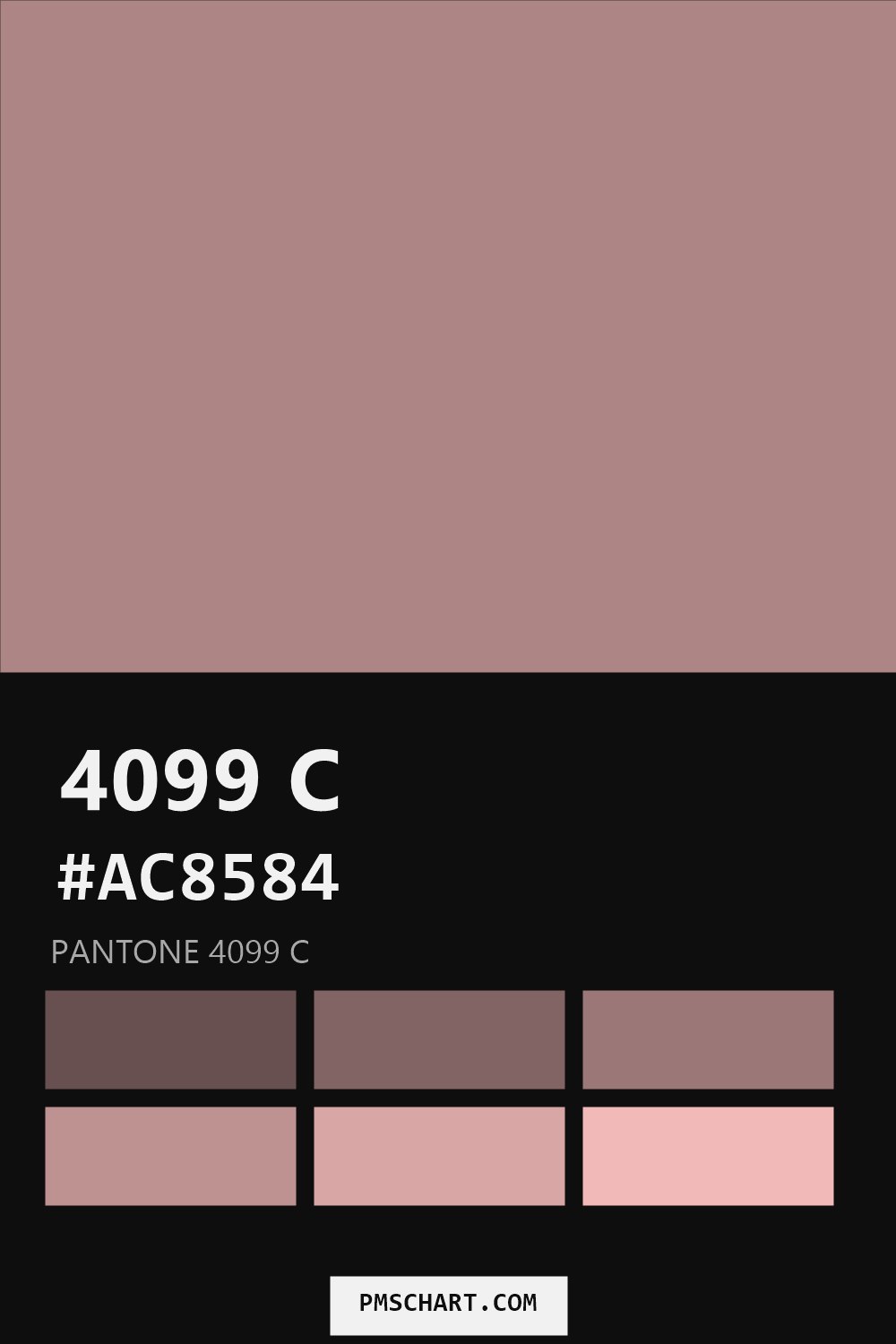 Pantone 4099 C color reference card (HEX #AC8584) with six nearest Pantone matches