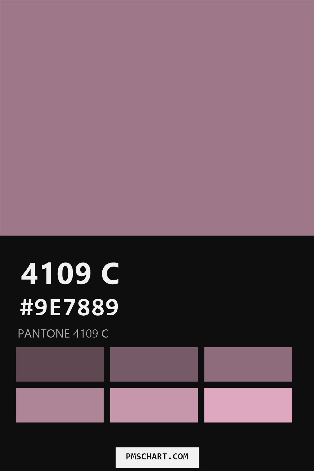 Pantone 4109 C color reference card (HEX #9E7889) with six nearest Pantone matches