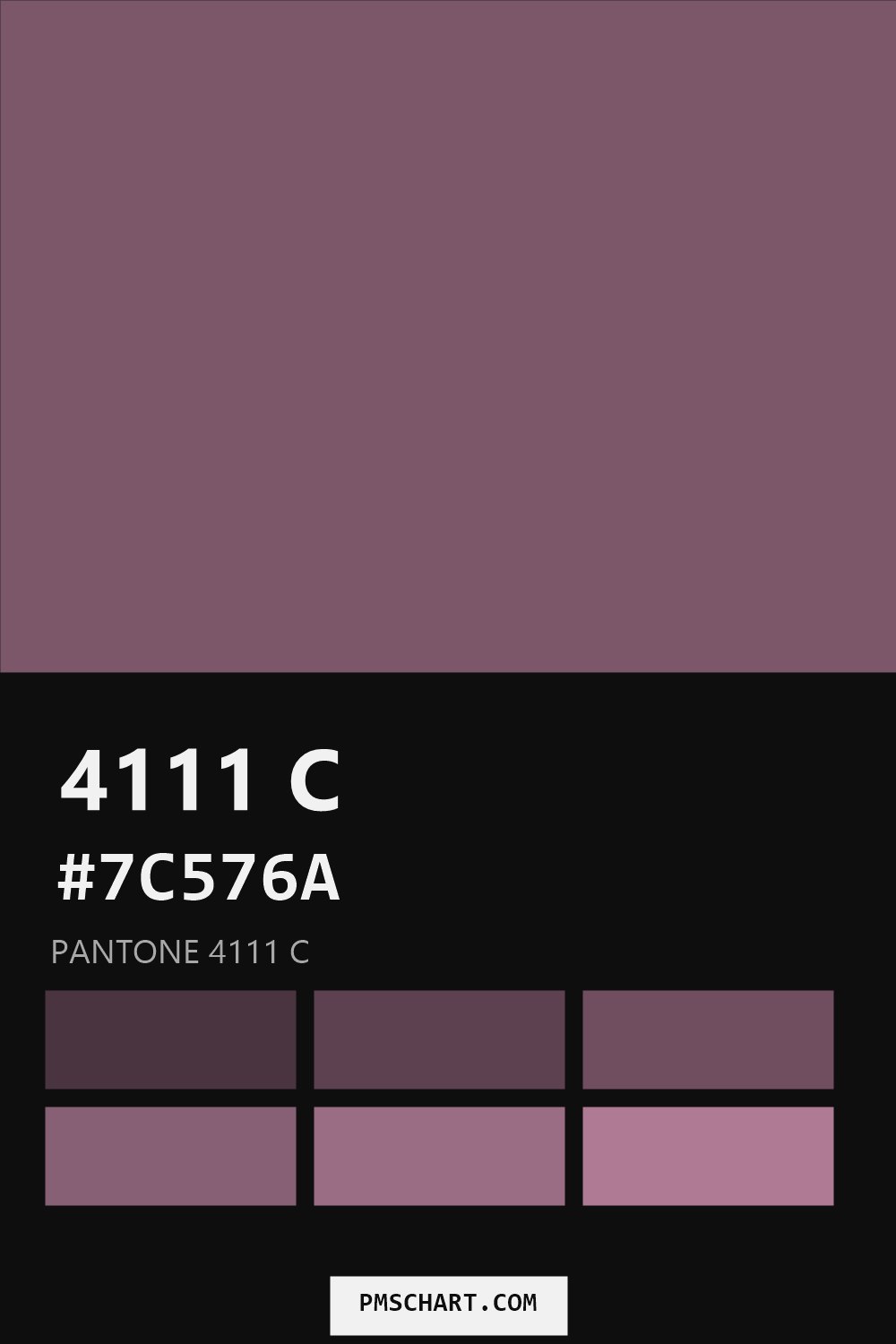 Pantone 4111 C color reference card (HEX #7C576A) with six nearest Pantone matches