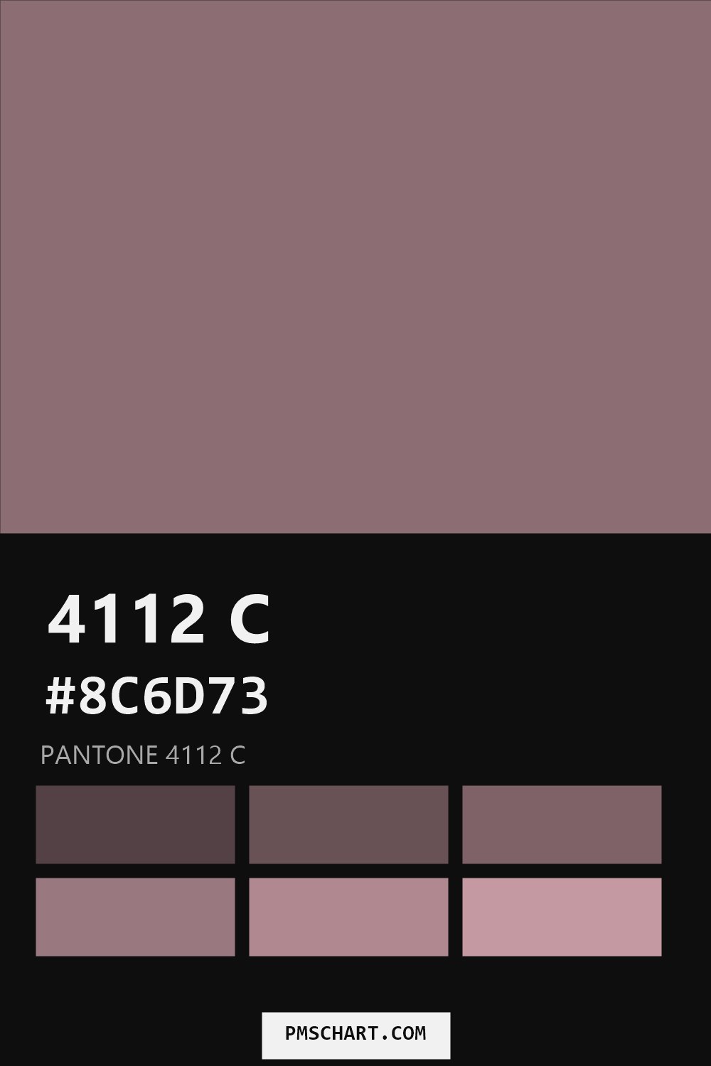 Pantone 4112 C color reference card (HEX #8C6D73) with six nearest Pantone matches