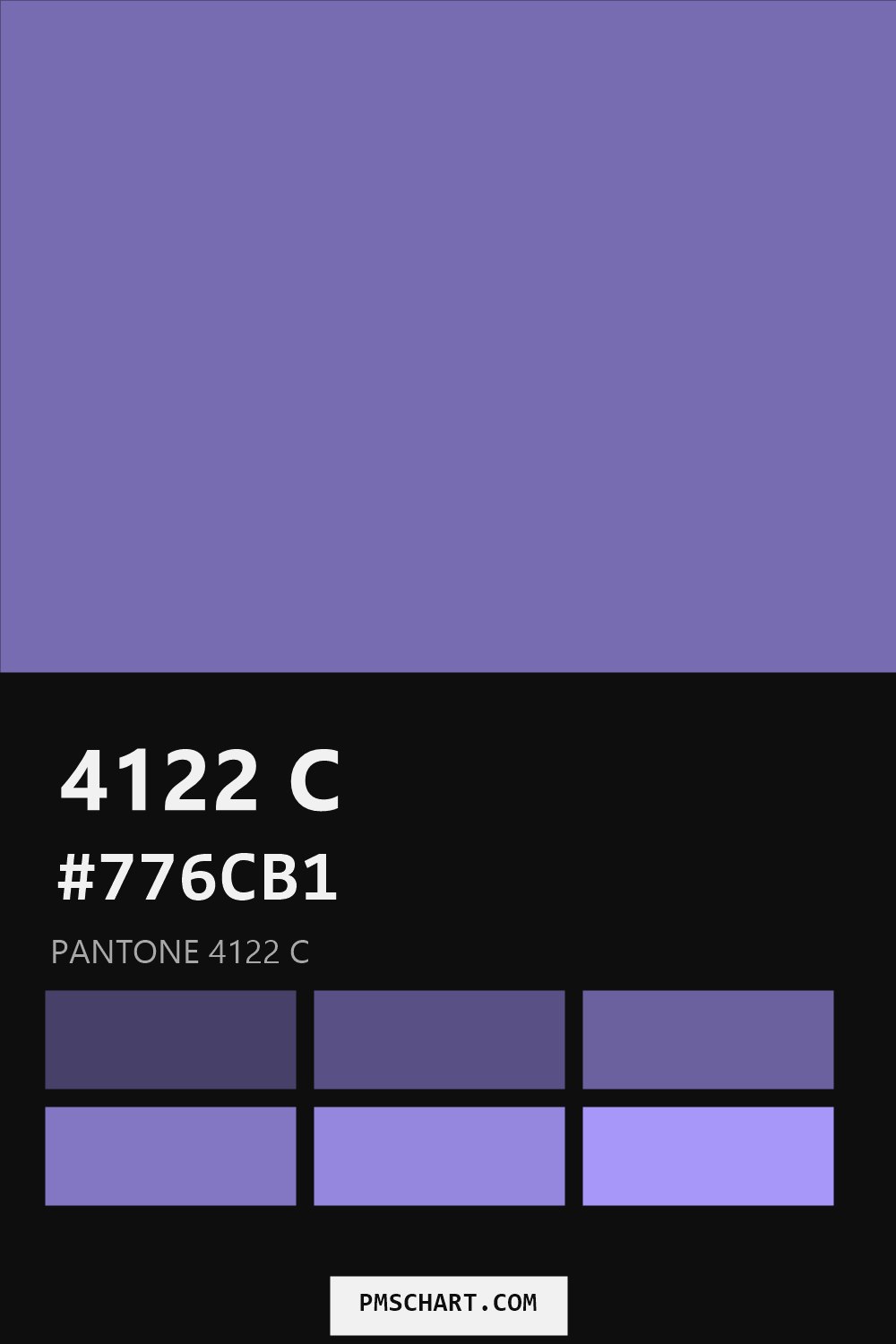 Pantone 4122 C color reference card (HEX #776CB1) with six nearest Pantone matches