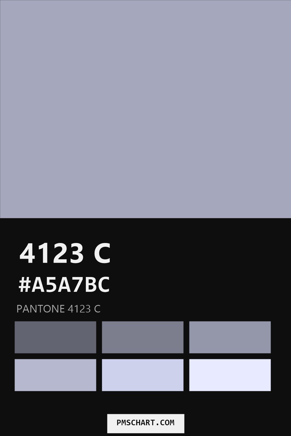 Pantone 4123 C color reference card (HEX #A5A7BC) with six nearest Pantone matches