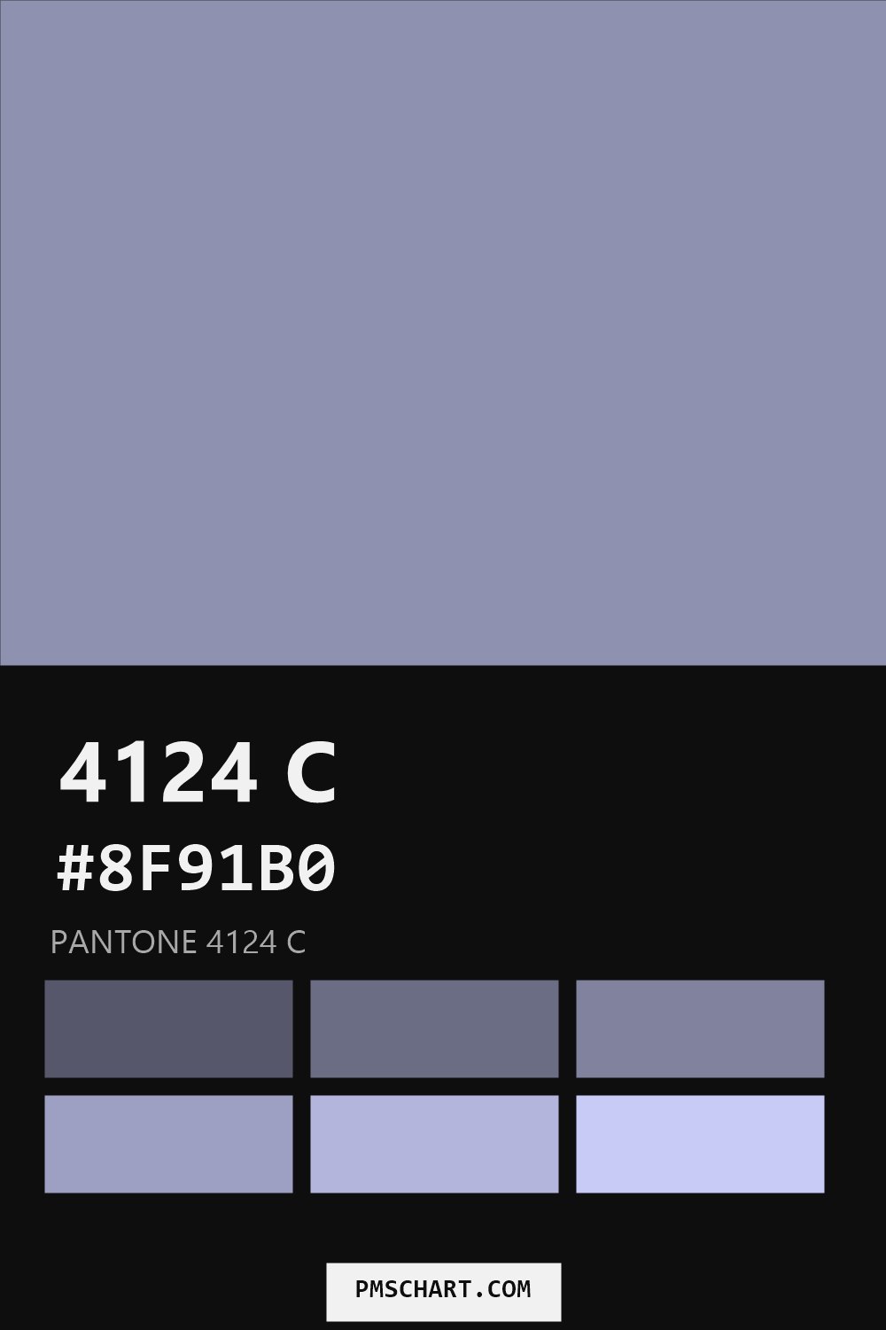 Pantone 4124 C color reference card (HEX #8F91B0) with six nearest Pantone matches