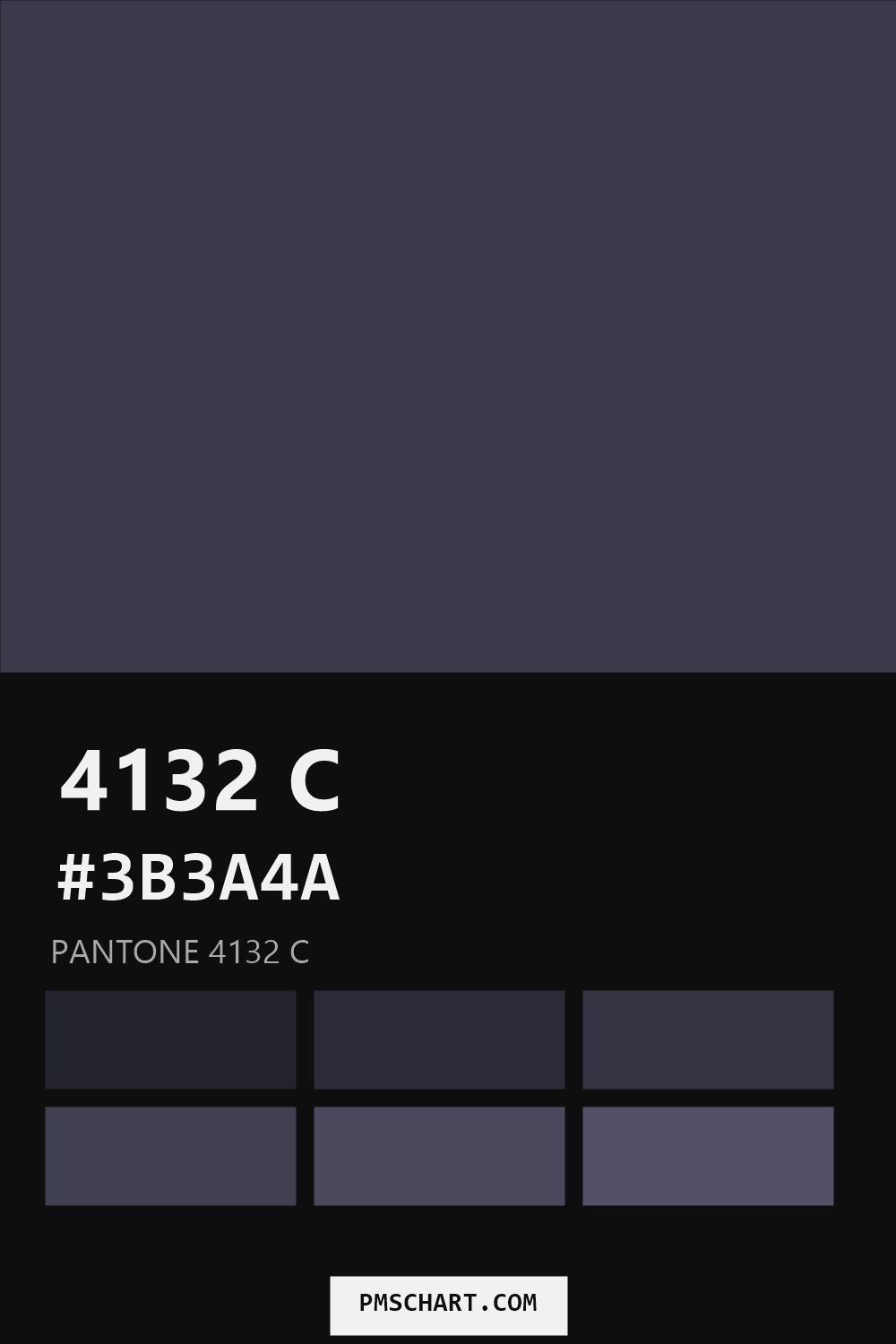 Pantone 4132 C color reference card (HEX #3B3A4A) with six nearest Pantone matches