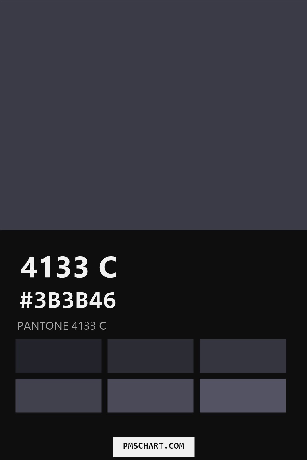 Pantone 4133 C color reference card (HEX #3B3B46) with six nearest Pantone matches