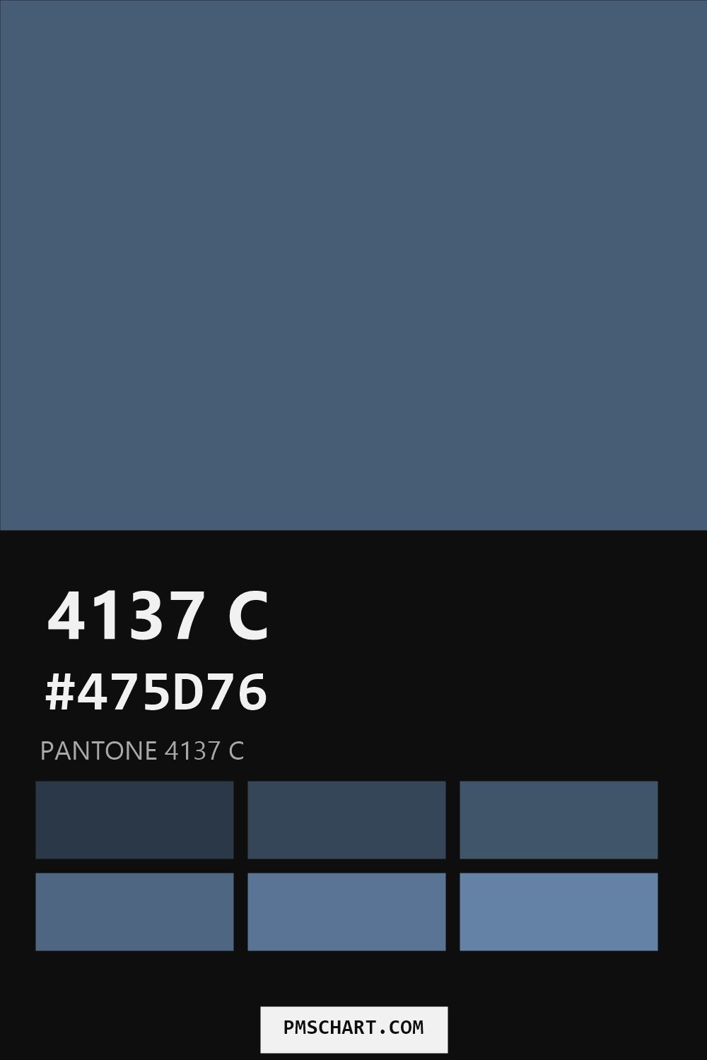 Pantone 4137 C color reference card (HEX #475D76) with six nearest Pantone matches