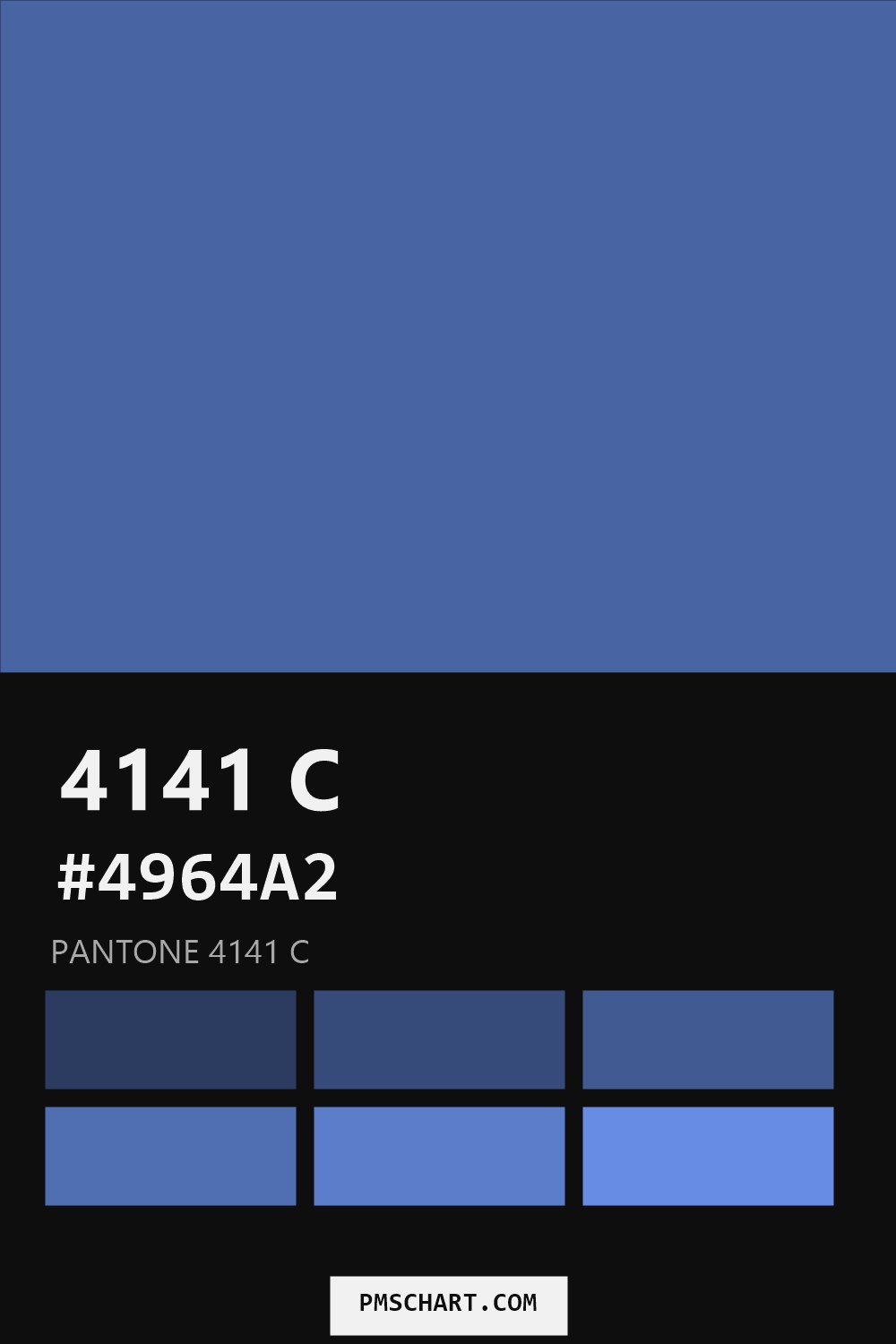 Pantone 4141 C color reference card (HEX #4964A2) with six nearest Pantone matches
