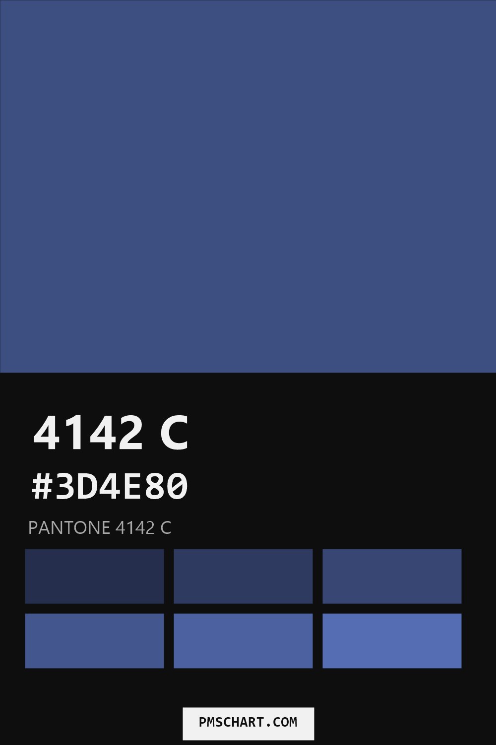 Pantone 4142 C color reference card (HEX #3D4E80) with six nearest Pantone matches
