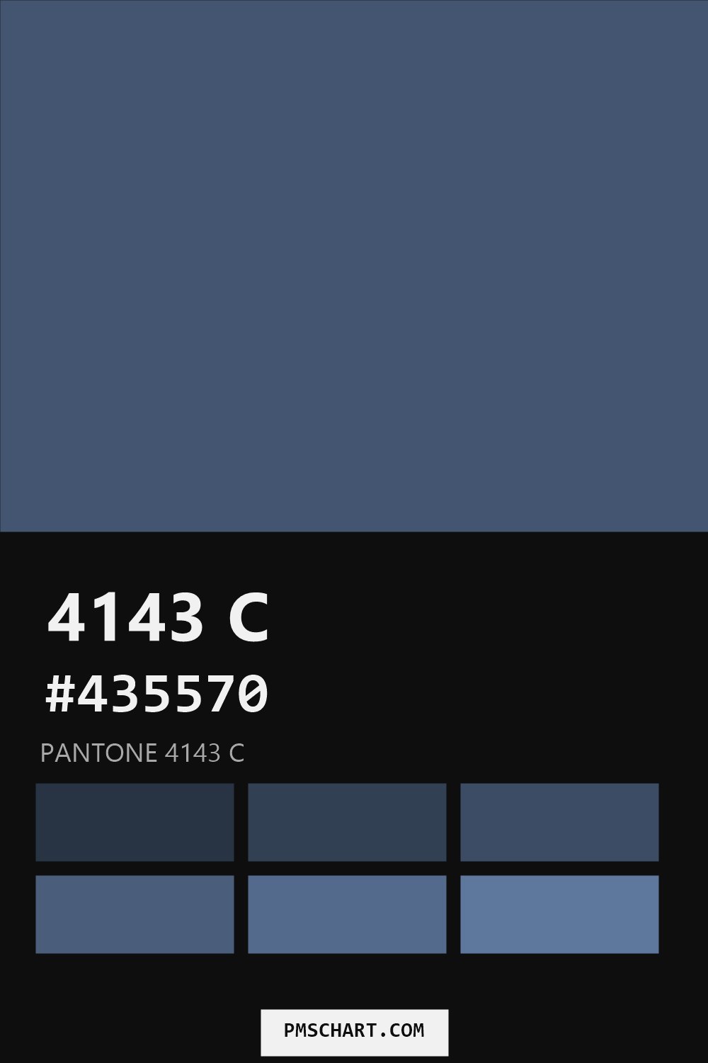 Pantone 4143 C color reference card (HEX #435570) with six nearest Pantone matches
