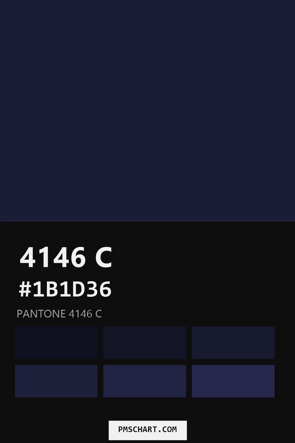 Pantone 4146 C color reference card (HEX #1B1D36) with six nearest Pantone matches