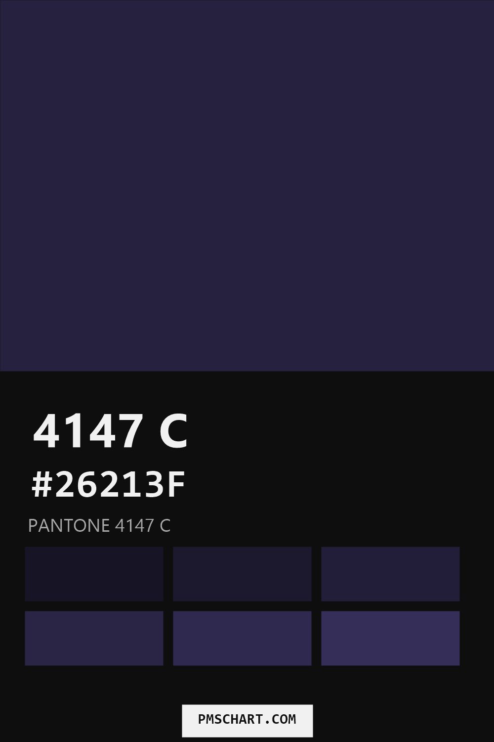 Pantone 4147 C color reference card (HEX #26213F) with six nearest Pantone matches