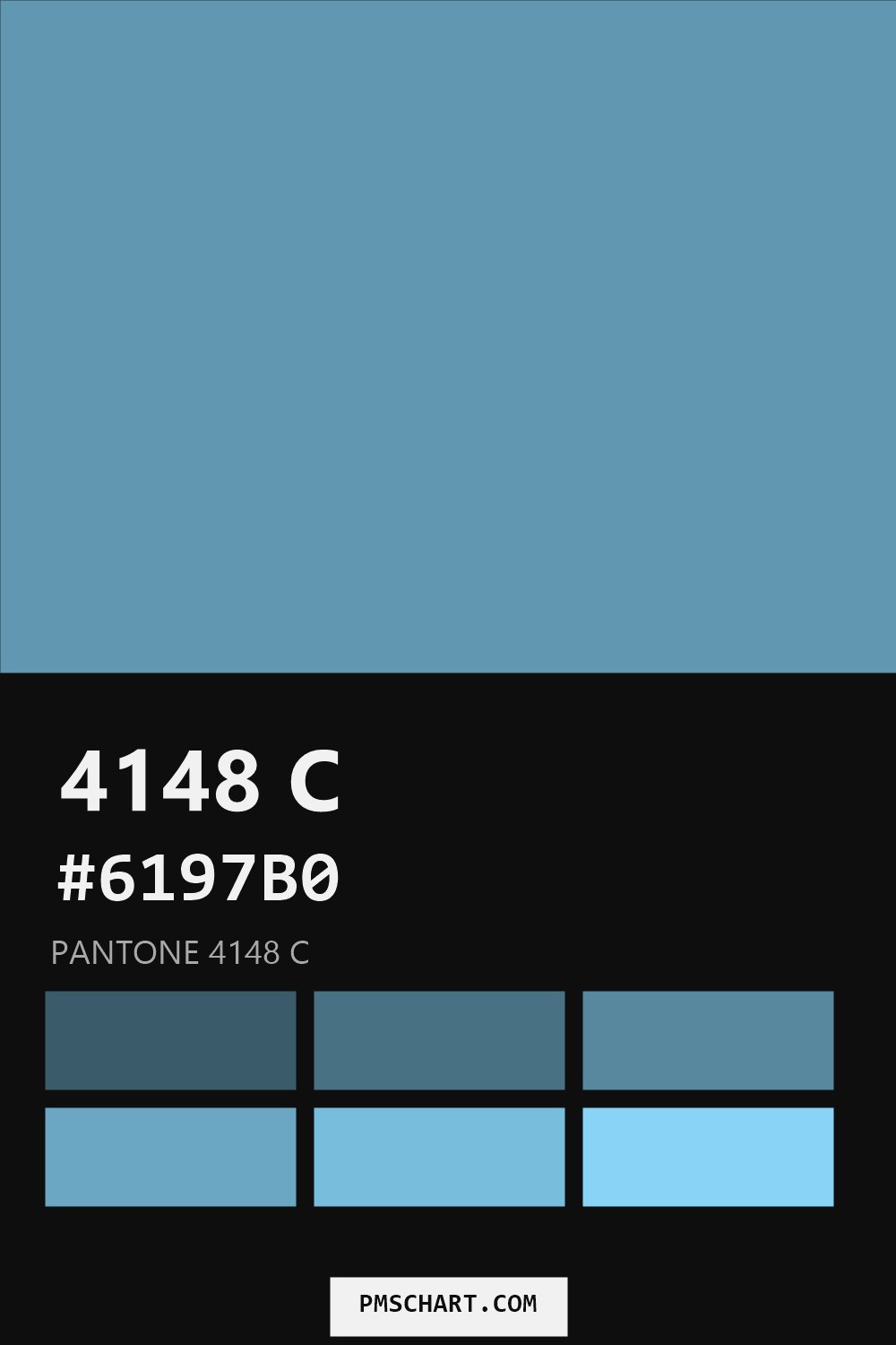 Pantone 4148 C color reference card (HEX #6197B0) with six nearest Pantone matches