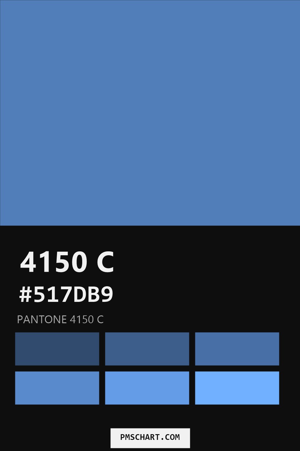 Pantone 4150 C color reference card (HEX #517DB9) with six nearest Pantone matches