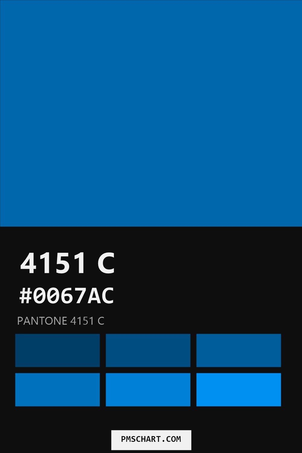 Pantone 4151 C color reference card (HEX #0067AC) with six nearest Pantone matches