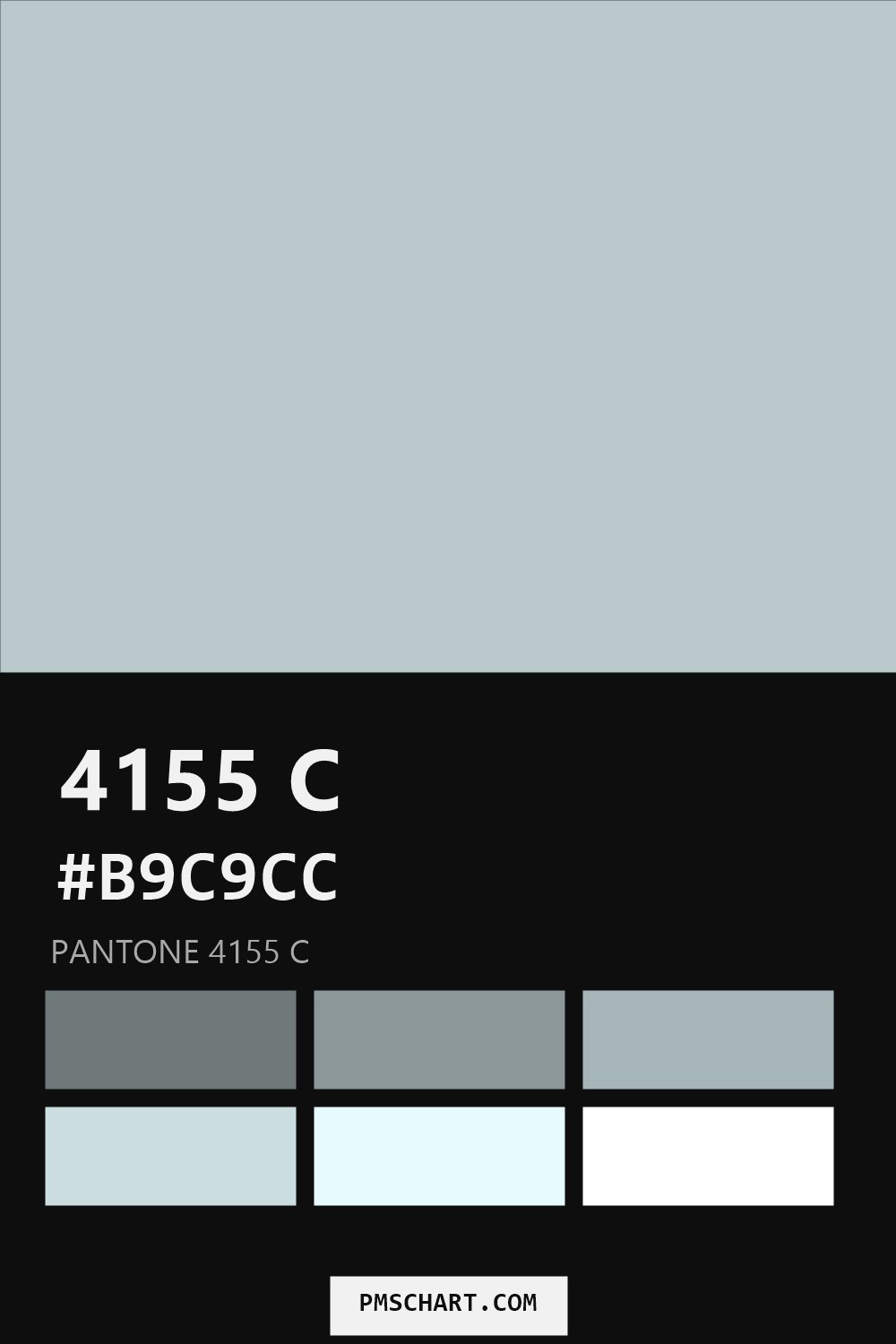 Pantone 4155 C color reference card (HEX #B9C9CC) with six nearest Pantone matches