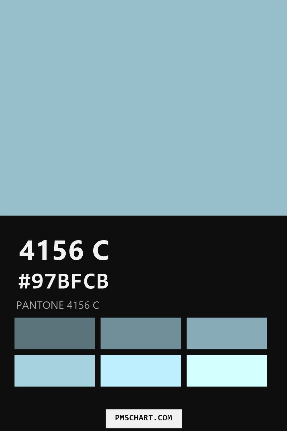 Pantone 4156 C color reference card (HEX #97BFCB) with six nearest Pantone matches