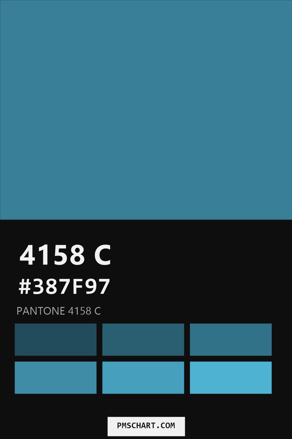Pantone 4158 C color reference card (HEX #387F97) with six nearest Pantone matches