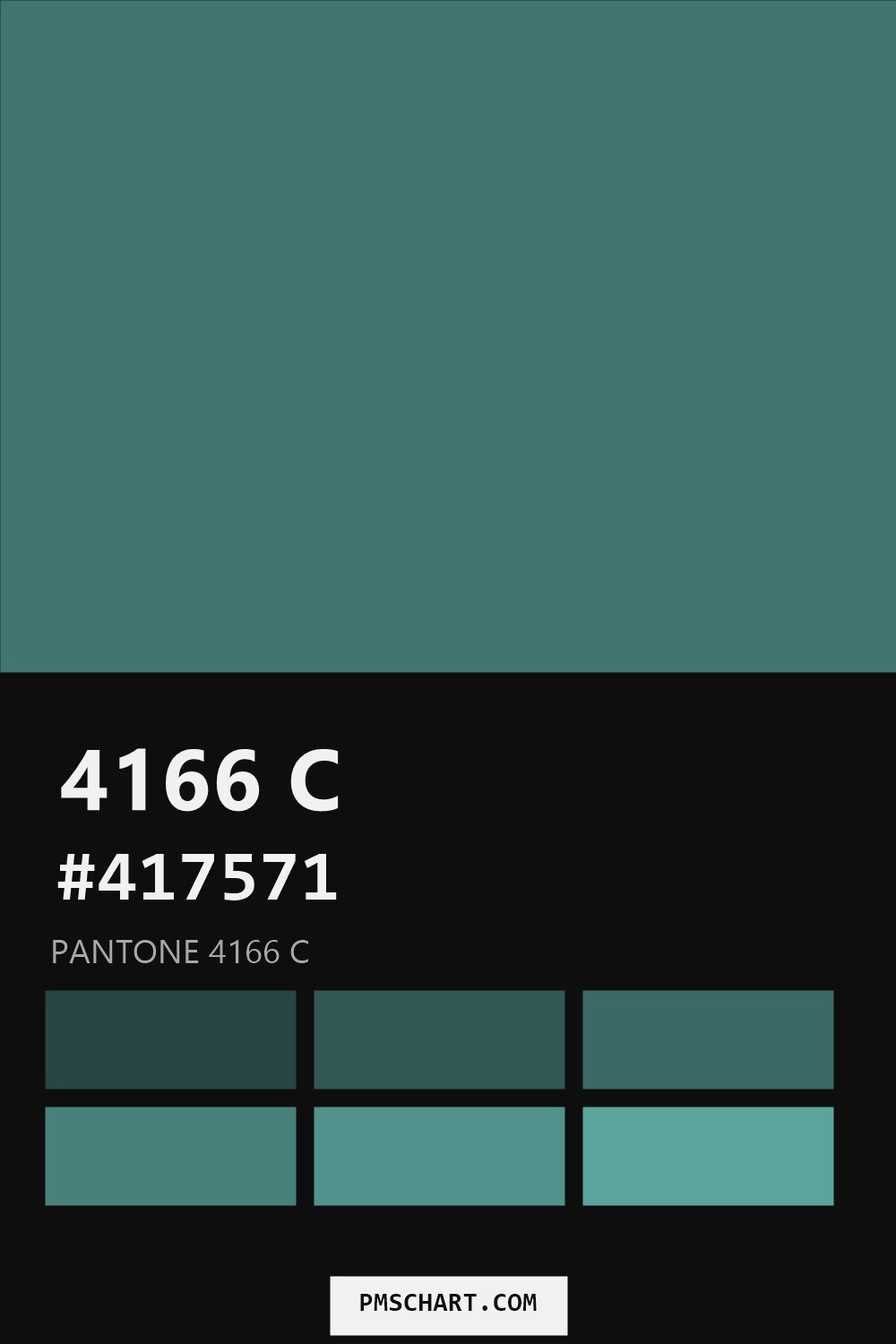 Pantone 4166 C color reference card (HEX #417571) with six nearest Pantone matches