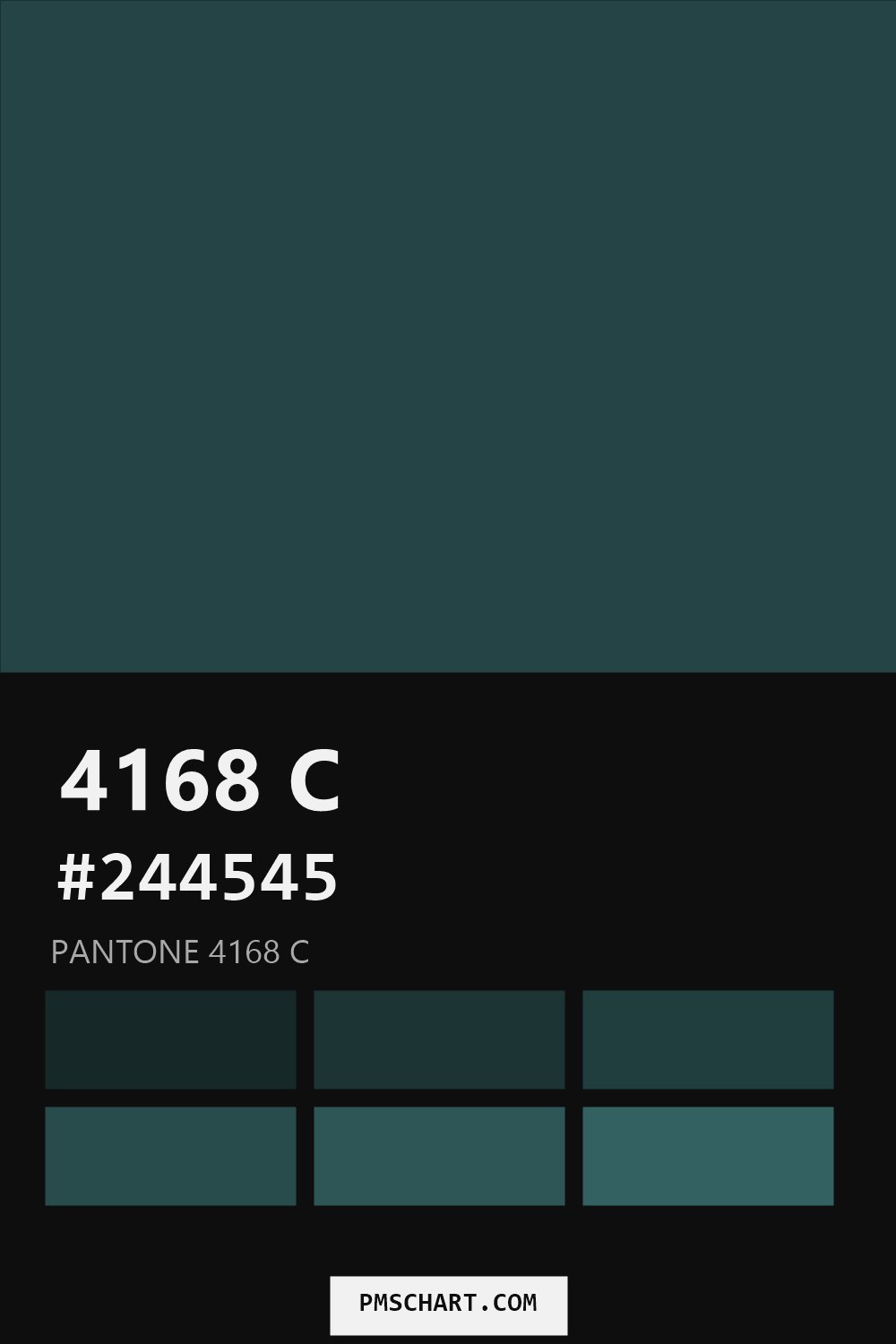 Pantone 4168 C color reference card (HEX #244545) with six nearest Pantone matches