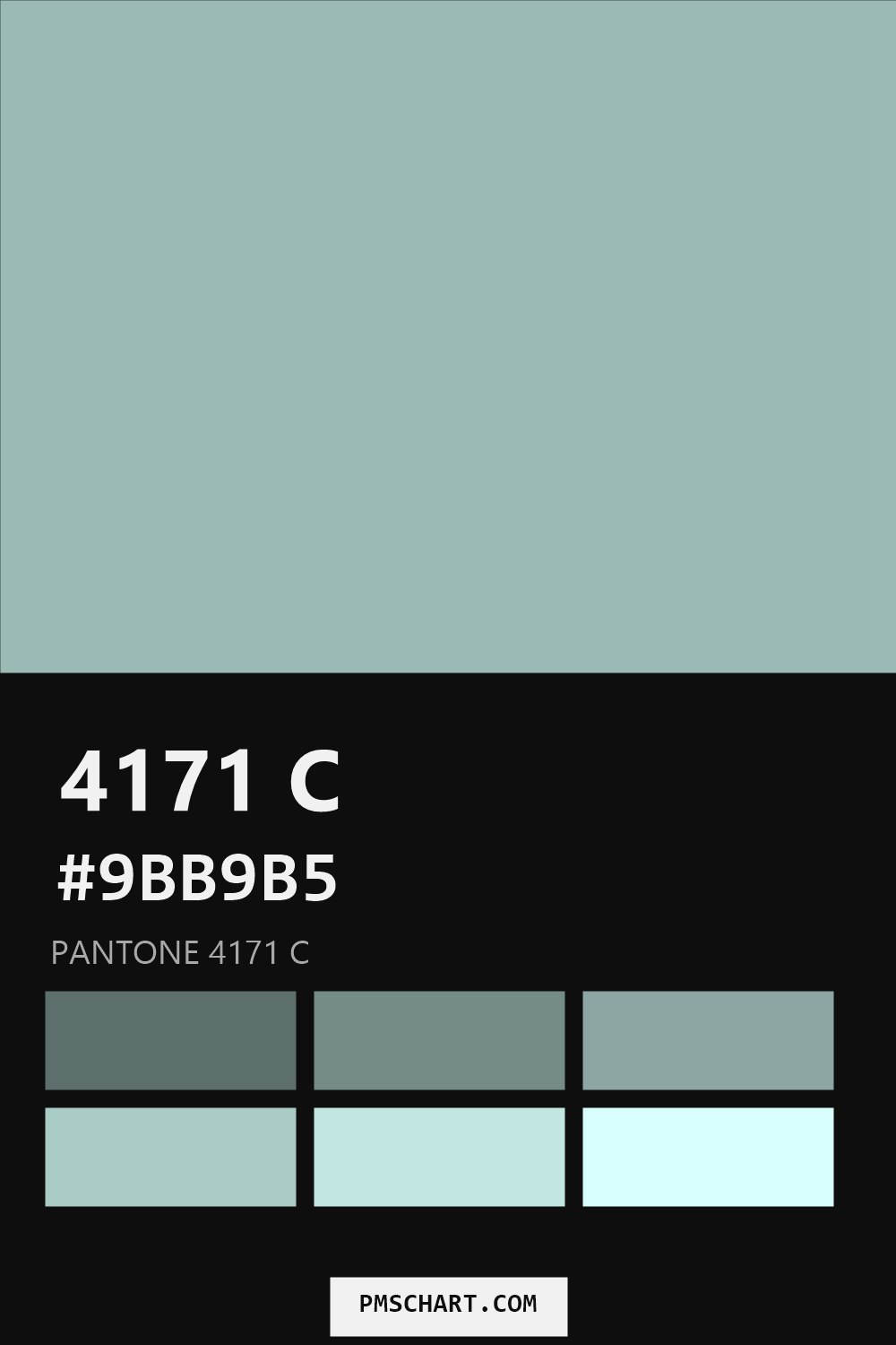 Pantone 4171 C color reference card (HEX #9BB9B5) with six nearest Pantone matches