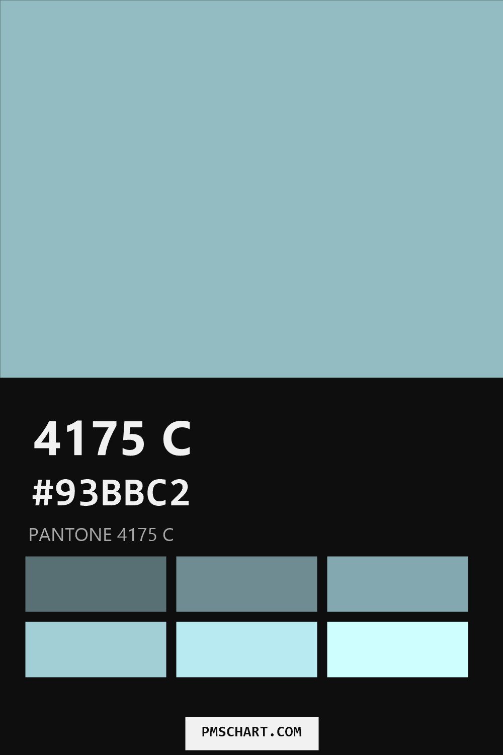 Pantone 4175 C color reference card (HEX #93BBC2) with six nearest Pantone matches
