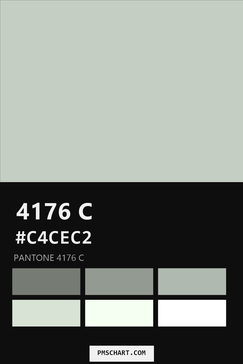 Pantone 4176 C color reference card (HEX #C4CEC2) with six nearest Pantone matches
