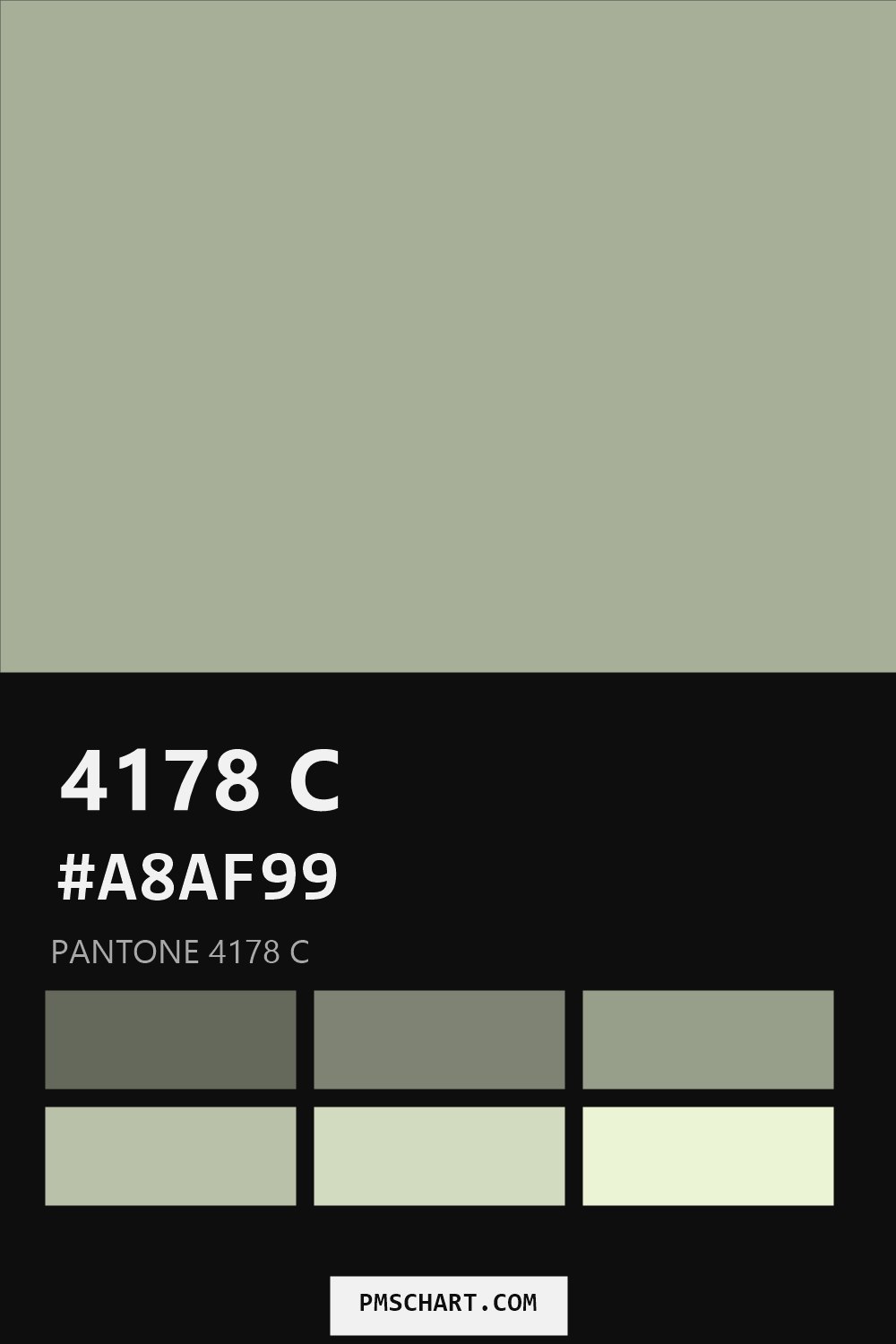 Pantone 4178 C color reference card (HEX #A8AF99) with six nearest Pantone matches