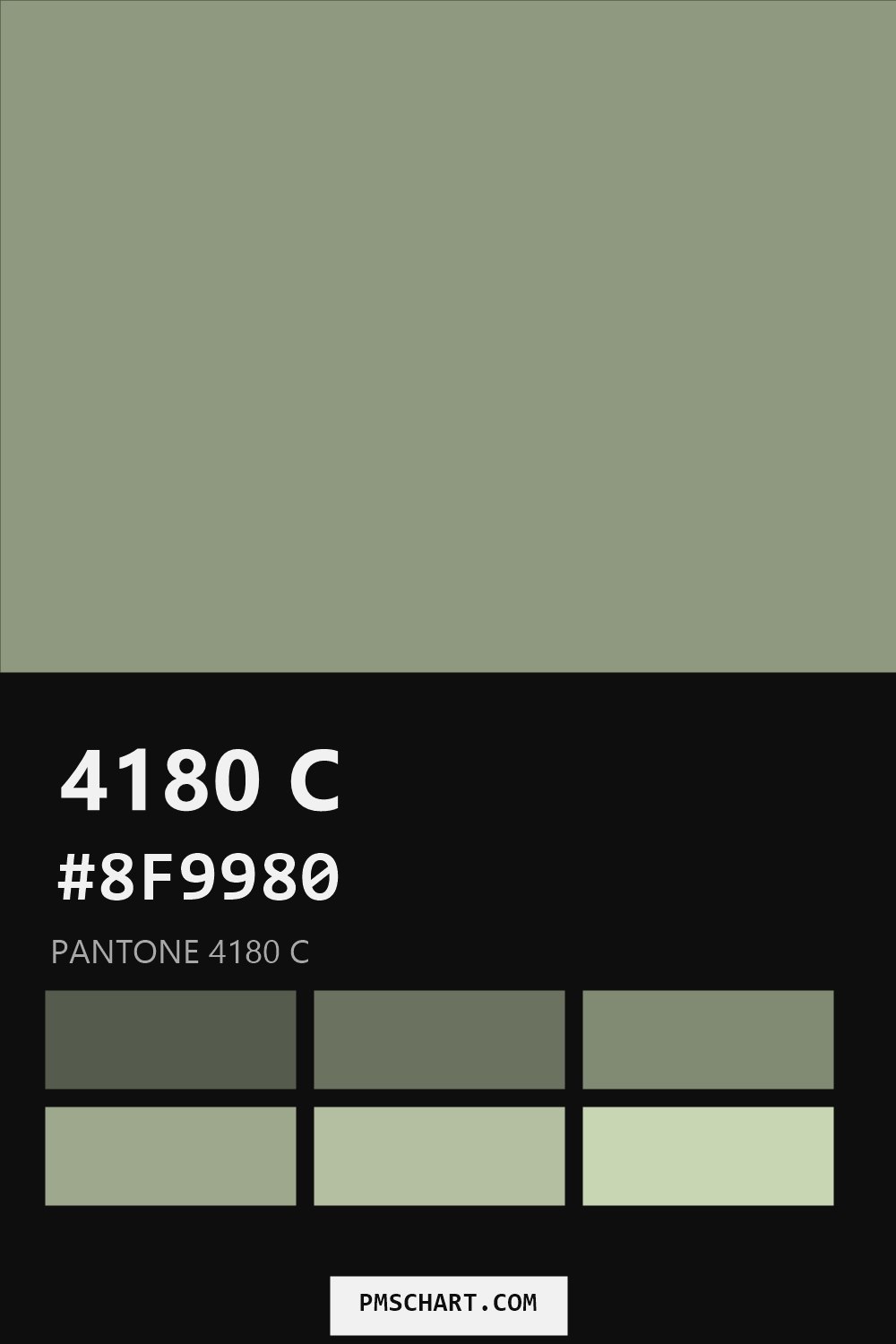Pantone 4180 C color reference card (HEX #8F9980) with six nearest Pantone matches