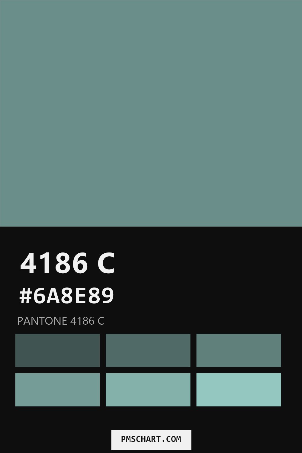 Pantone 4186 C color reference card (HEX #6A8E89) with six nearest Pantone matches